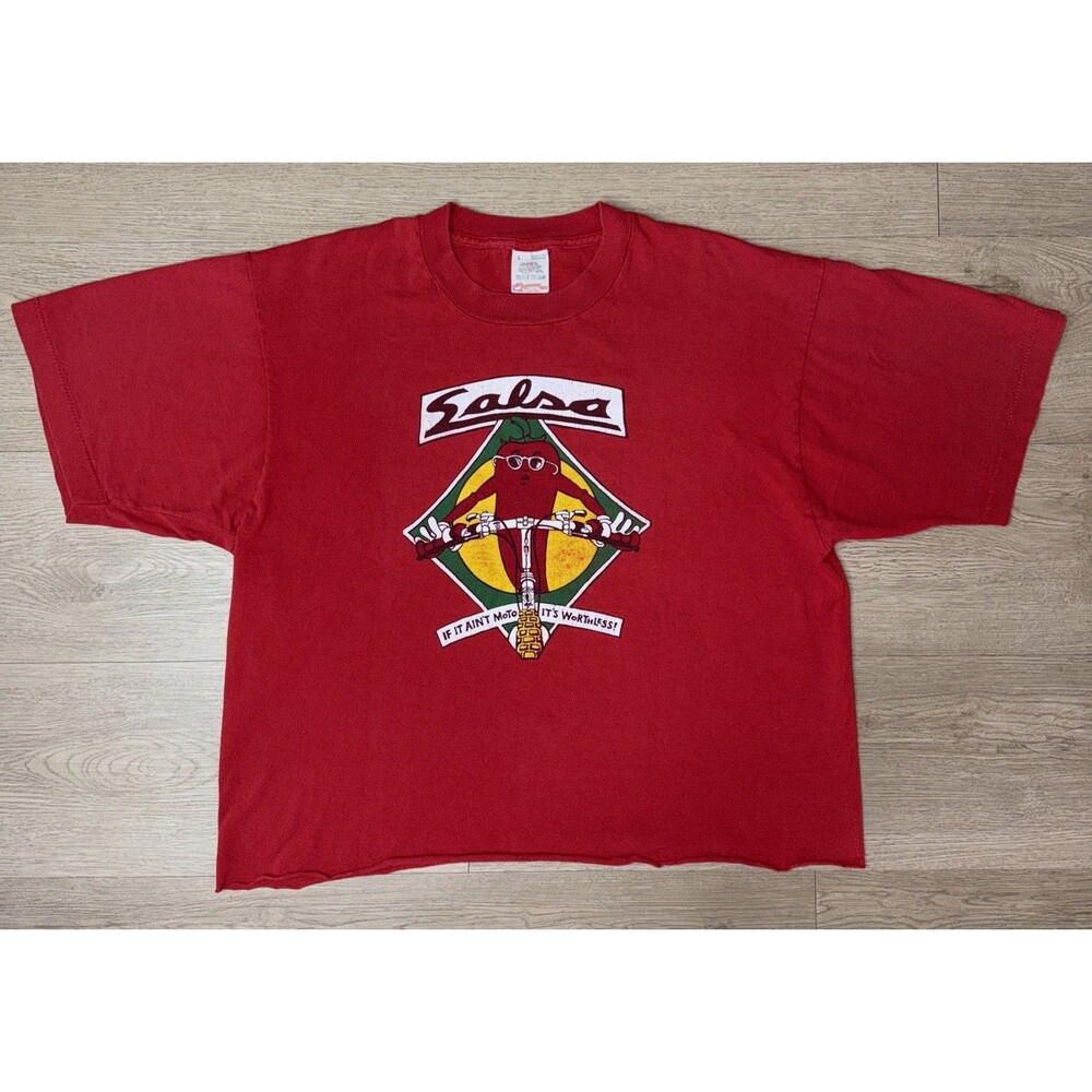 Vintage 90s Salsa Cycles "If It Ain't Moto" T-Shirt Red Made in USA Large Crop L
